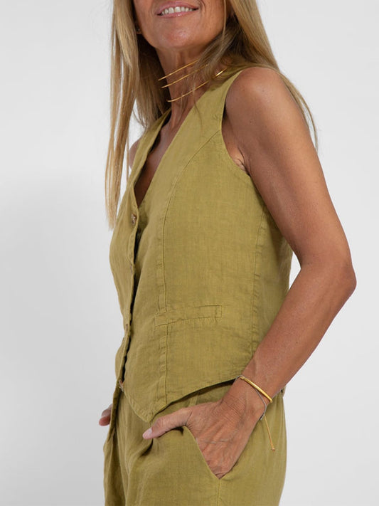 Hesaco Linen Set for Women - 2 Piece Outfits Button Down V Neck Sleeveless Top High Waisted Wide Leg Pants Matching Set