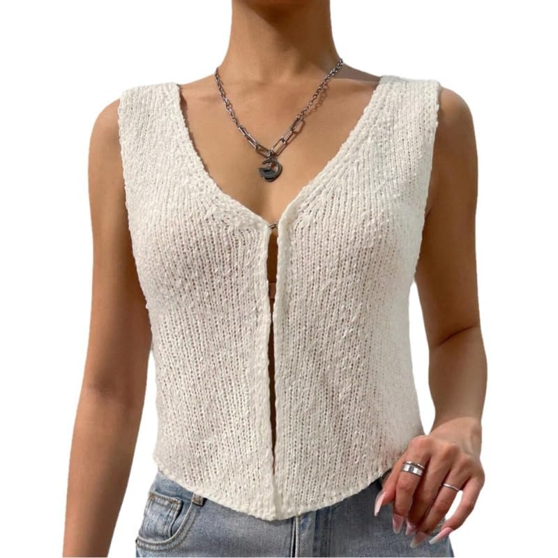 Hesaco Sweater Tank Tops for Women - Sweater Vest V Neck Crochet Vest Knit Vest Sexy Button Casual Y2k Sweater Sleeveless Top