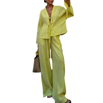 Hesaco Pants and Top Set for Women 2 Piece Outfits Fall Clothes Long Sleeve Tie Front Tops Wide Leg Pants Set Going Out Tops