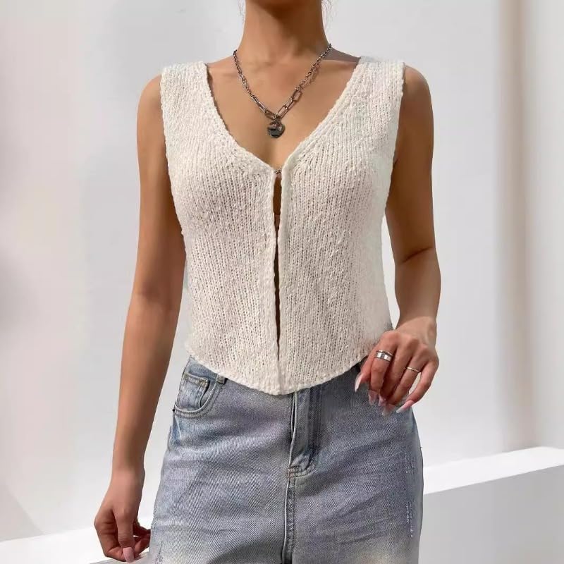 Hesaco Sweater Tank Tops for Women - Sweater Vest V Neck Crochet Vest Knit Vest Sexy Button Casual Y2k Sweater Sleeveless Top