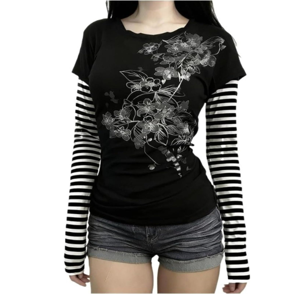 Hesaco Womens Y2k Grunge Teen Girls Tee 2000s Clothes Long Sleeve Emo Goth Top Vintage Graphic Tees