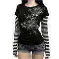 Hesaco Womens Y2k Grunge Teen Girls Tee 2000s Clothes Long Sleeve Emo Goth Top Vintage Graphic Tees