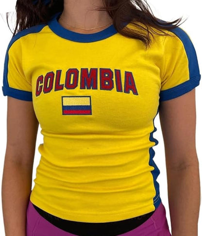 Hesaco Brazil Baby Tees Vintage Baby Tees for Women Brazil Shirt Y2k Tops Mexico Crop Top Jersey 2000s Summer Going Out Tops