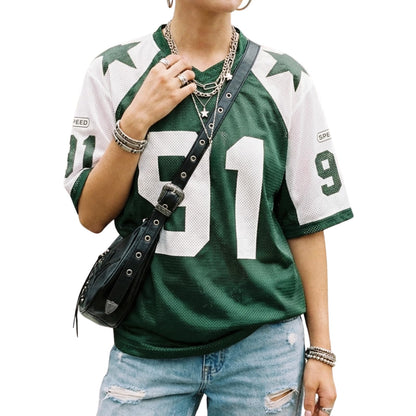 Hesaco Womens Graphic Tees - Oversized Jersey Summer Top Jersey Top Coquette Clothes Y2k Streetwear Short Sleeve Shirts