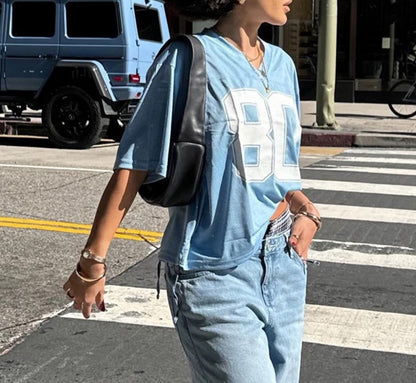 Hesaco Womens Graphic Tees - Oversized Jersey Summer Top Jersey Top Coquette Clothes Y2k Streetwear Short Sleeve Shirts