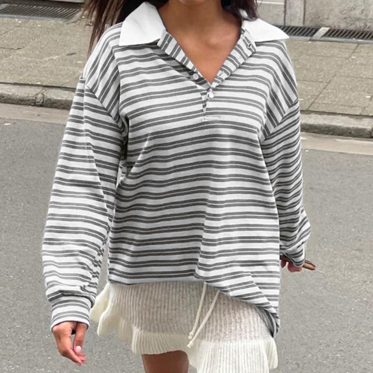 Hesaco Oversized Tshirts for Women Y2k Striped Shirt Long Sleeve Sweatshirt Casual Loose Pullover Y2K Shirt Top Fall Tops