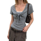 Hesaco Short Sleeve Tops for Women Y2K Tees Casual Slim Fit T-Shirt Streewear