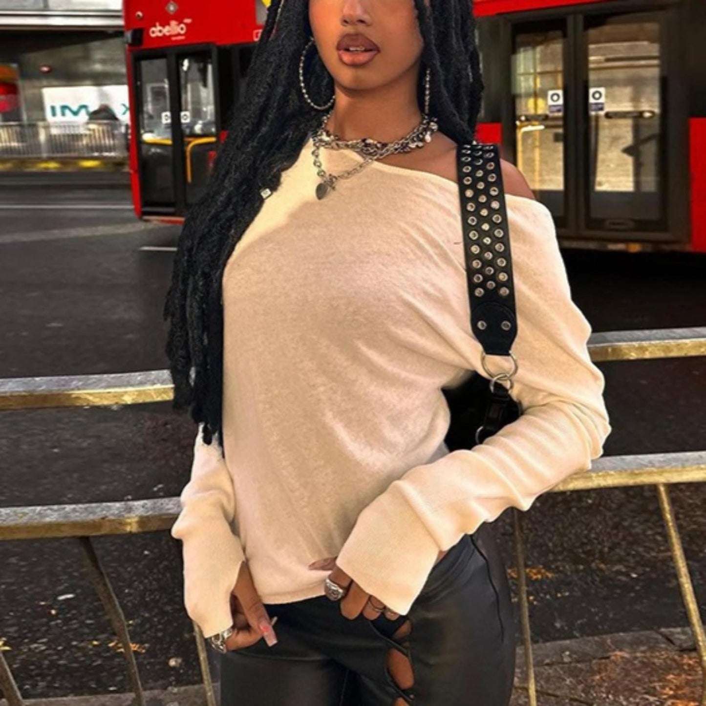 Hesaco Off The Shoulder Tops for Women - Boat Neck Loose Casual Long Sleeve T Shirt Oversized Top Y2k Streetwear Dance Top