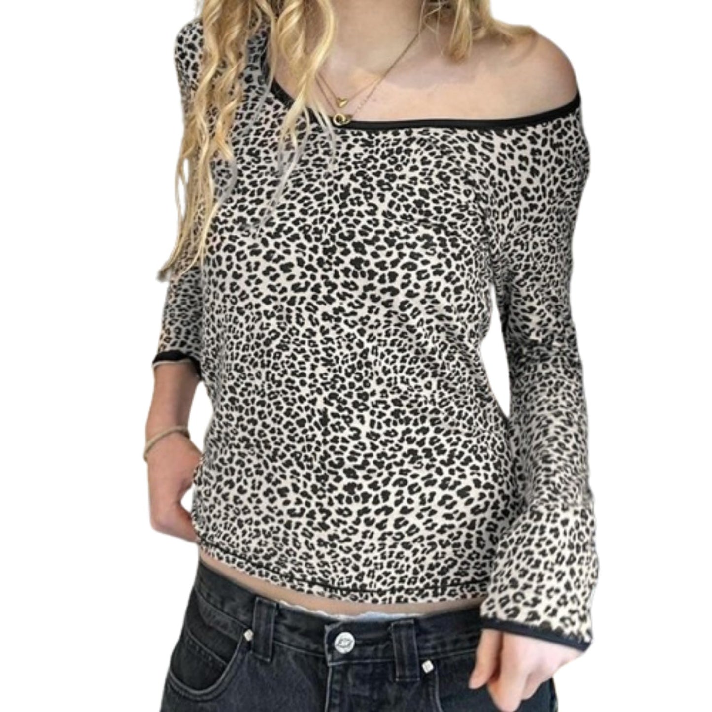 Hesaco Leopard Print Tops for Women - Off  Shoulder Top Cheetah Print Top Long Sleeve Crop Top Tie Knot Tops for Women Trendy