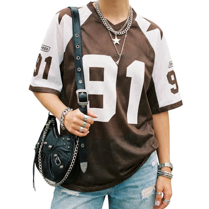 Hesaco Womens Graphic Tees - Oversized Jersey Summer Top Jersey Top Coquette Clothes Y2k Streetwear Short Sleeve Shirts
