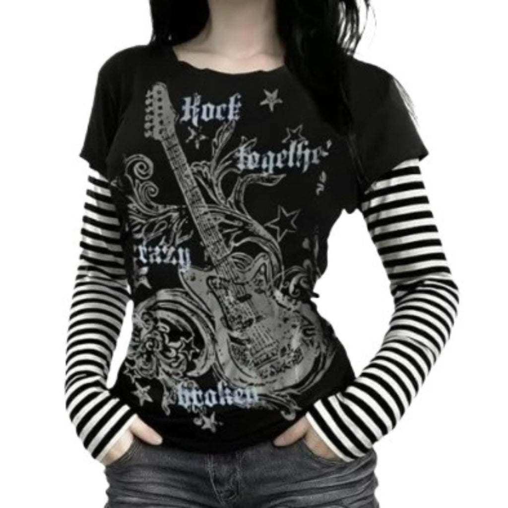 Hesaco Womens Y2k Grunge Teen Girls Tee 2000s Clothes Long Sleeve Emo Goth Top Vintage Graphic Tees