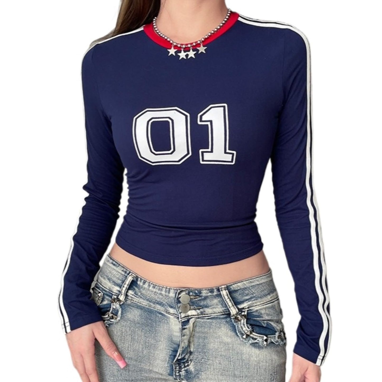 Hesaco Jersey Shirts for Women Jersey Top Number Shirts Jersey Crop Top Jerseys Y2k Number Top Long Sleeve Streetwear