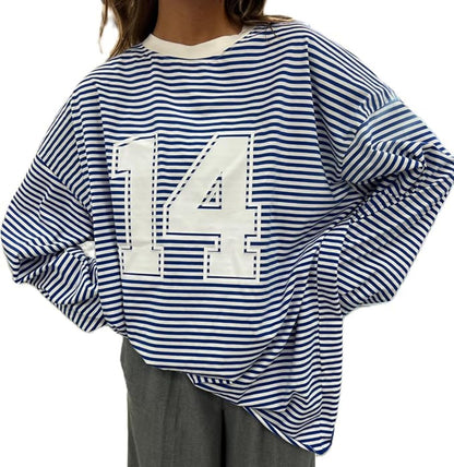 Hesaco Women Stripe Shirt Long Sleeve T-shirt Y2k Pullover Lounge Going Out Top Jersey Top Autumn Streetwear Color Block Tees