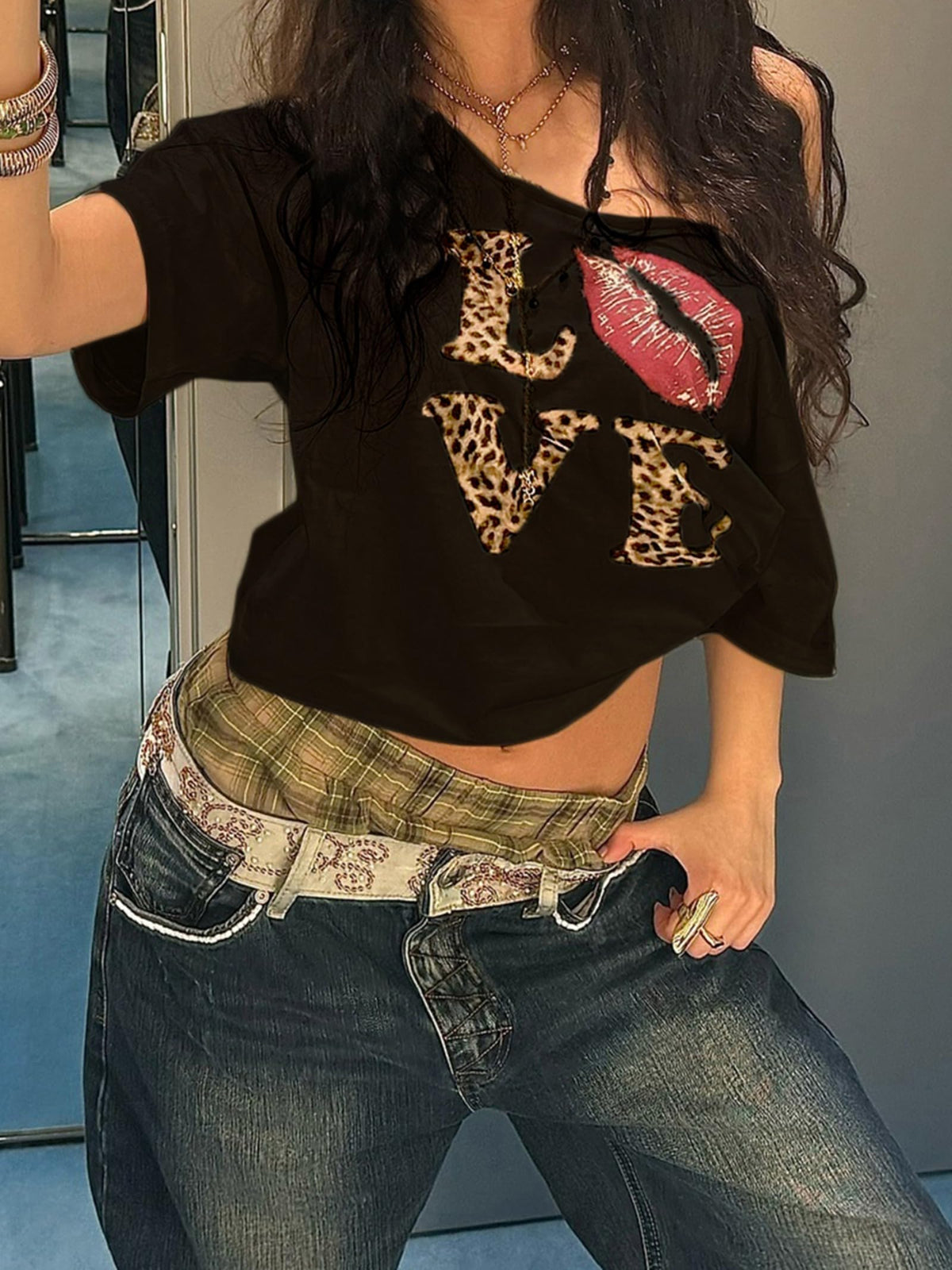Off The Shoulder Cute Shirts Lip Print Tops
