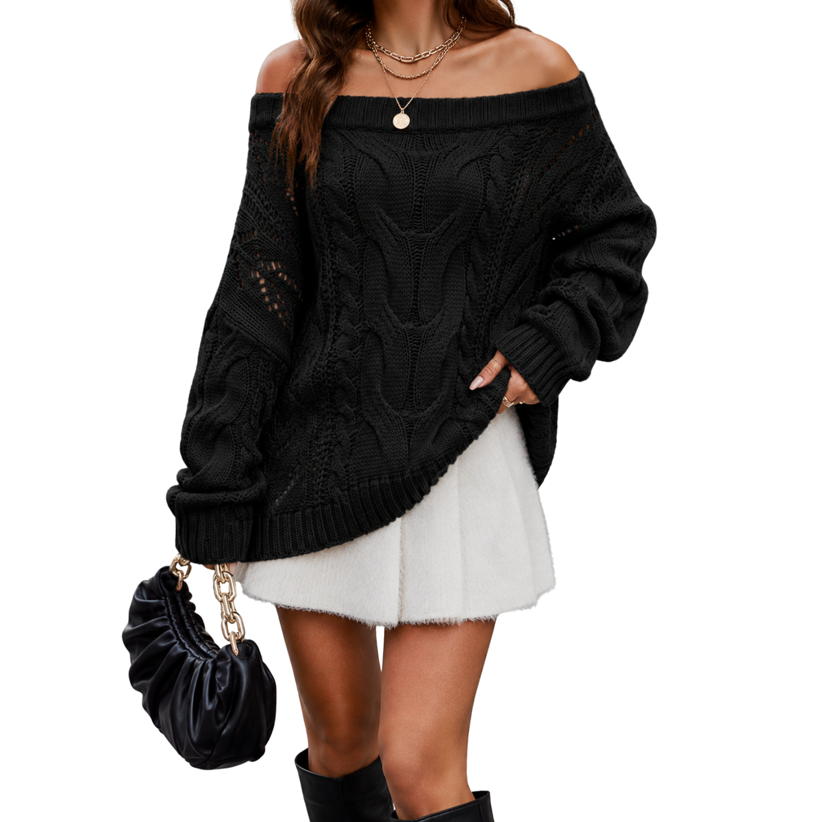 Oversized Off Shoulder Sweater Women Cable Knit Chunky Sweater Top